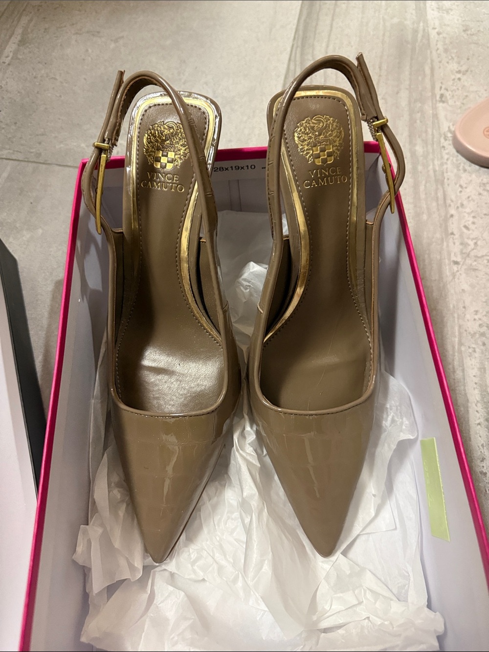Vince Camuto Taupe Patent Slingback Pointed Pumps